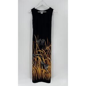 Darian Vintage Dress Womens 10 Black Orange Safari Zebra Maxi Sleeveless Tie